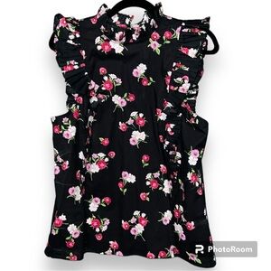 EXPRESS women’s size large black & pink floral pleated ruffle neck and sleeves